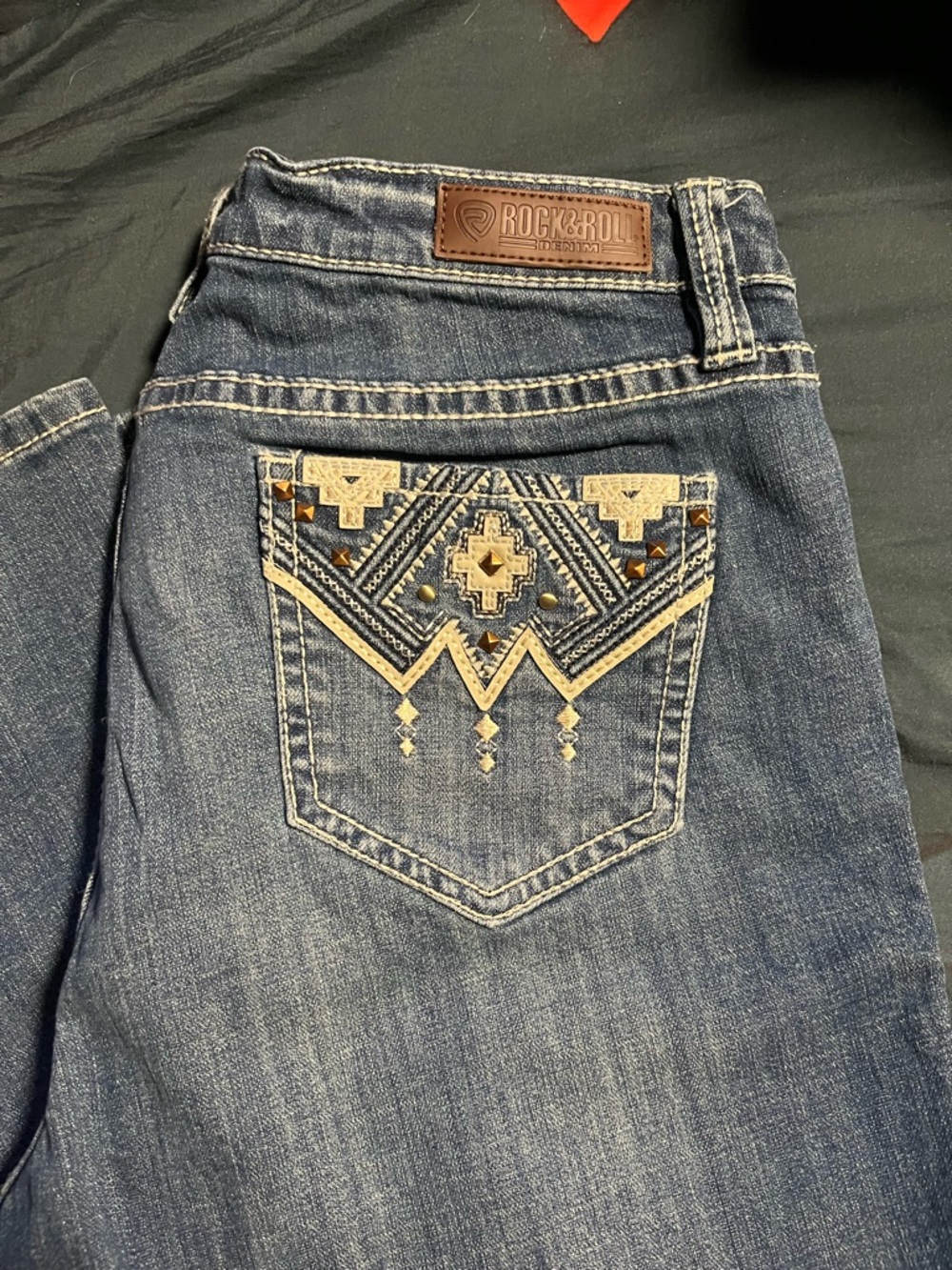 Rock & Roll Cowgirl Dark Blue Boot Cut Jeans with Tan Embroidered Pocket